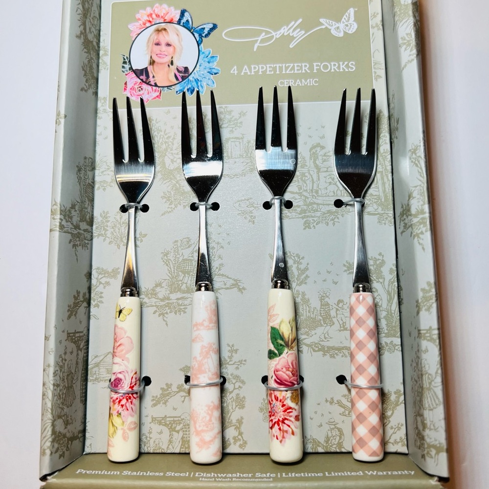 4 Dolly Parton Appetizer Forks Ceramic Handles Pink White Flowers Gingham - Picture 9 of 11